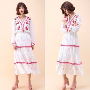 Chicwish White Maxi Dress with Red and Pink Embroidery